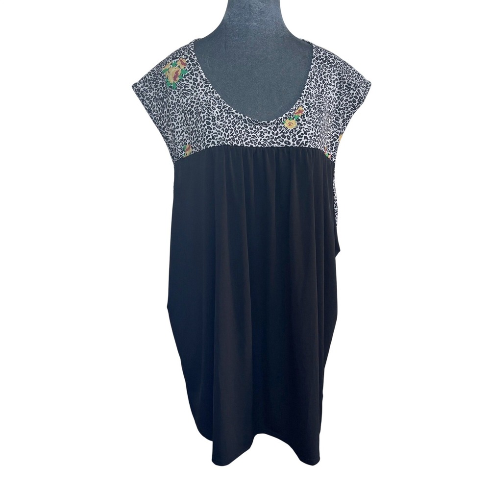 Anthony Richards Mobwife Casual Glam Tunic Top Black Leopard Floral Tie Back 4X